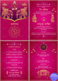 Pink And Gold Theme Studs Plated Pdf Invitation Ganesha Idol, Wedding Couple Characters, Palanquin Image With Hanging Diyas Hin