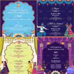 Pink And Navy Blue Theme Traditional Wedding Pdf Invite, Vintage Card Sangeet Dancing Puppets And Wedding Couple Characters