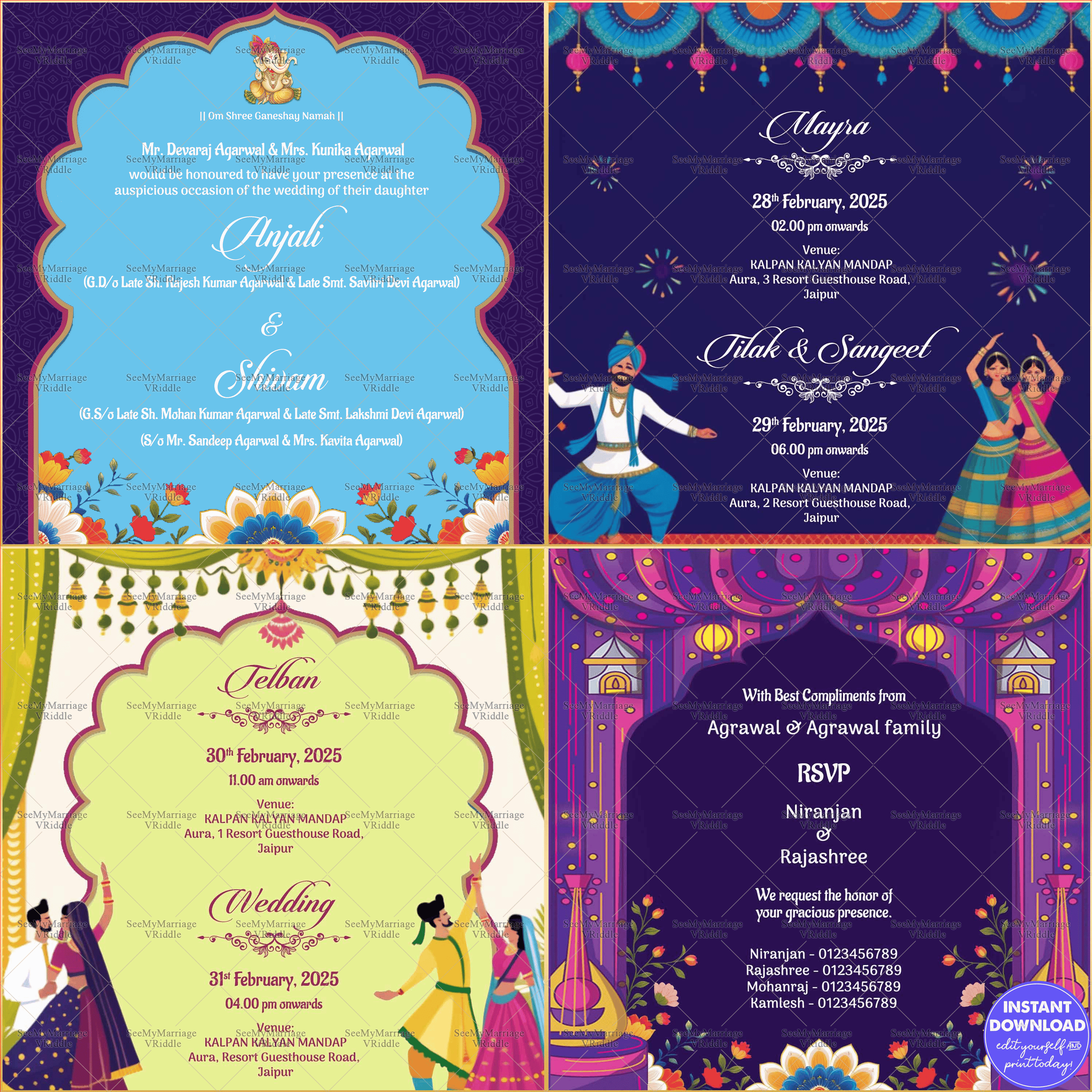 Pink And Navy Blue Theme Traditional Wedding Pdf Invite Vintage Card Sangeet Dancing Puppets And Wedding Couple Characters
