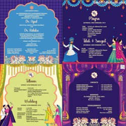 Blue theme wedding invitation PDF, north indian wedding invitation pdf, sikh theme punjabi wedding invitation with baraat cartoons, event based wedding invitation PDF