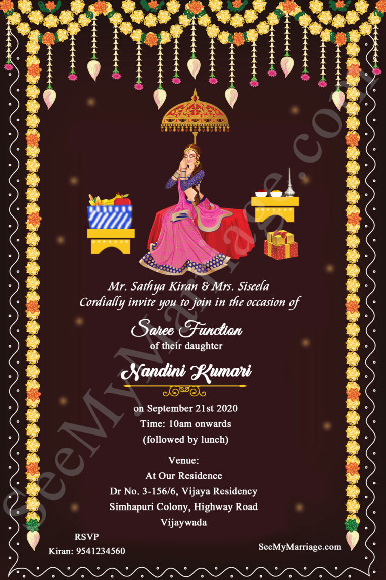 Traditional Half Saree Invitation Card In Dark Brown Theme With Girl Character Illustration