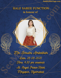 Modern Vintage Theme Lehenga Choli Invitation E-card Video With Blue Background, And Traditional Peacock Feathers And Girl Pict
