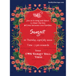 Sangeet card, engagement card, sagai, ring ceremony, Modern blue theme sangeet invitation cards, red roses theme floral sangeet party invitations