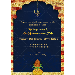 Griha Pravesh & Satyanarayan Puja Royal Blue Theme Golden Frame Kalash Traditional Whatsapp Invitation Card