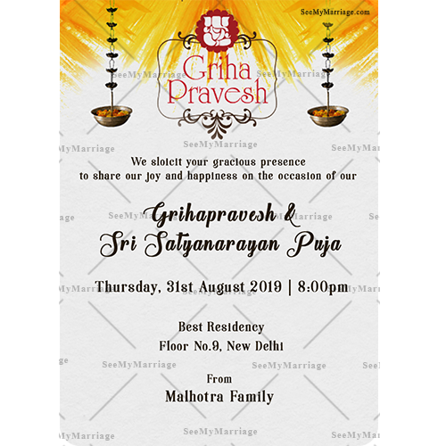 House Warming And Satyanarayan Puja White Bg Handing Deepam Colorful Ganesh Logo Wahtsapp Invitation Card