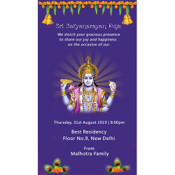 Griha Pravesh And Satyanarayan Maha Puja Blue Theme With Hanging Bells And Dia Whatsapp Invitation Card