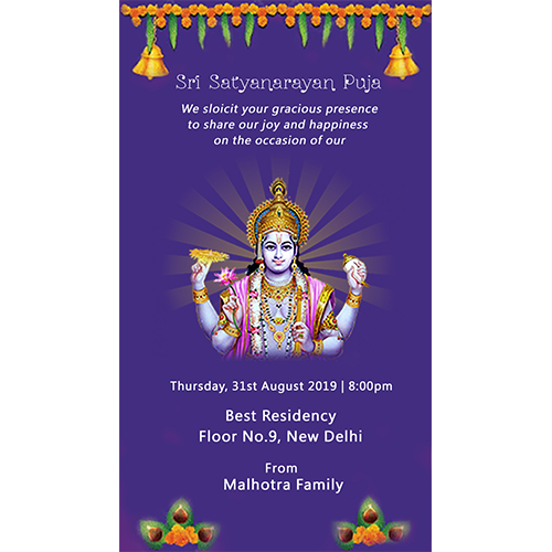 Griha Pravesh And Satyanarayan Maha Puja Blue Theme With Hanging Bells And Dia Whatsapp Invitation Card
