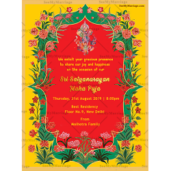 Griha Pravesh And Satyanarayan Puja Floral Boarder Theme Traditional Golden Text Whatsapp Invitation Card
