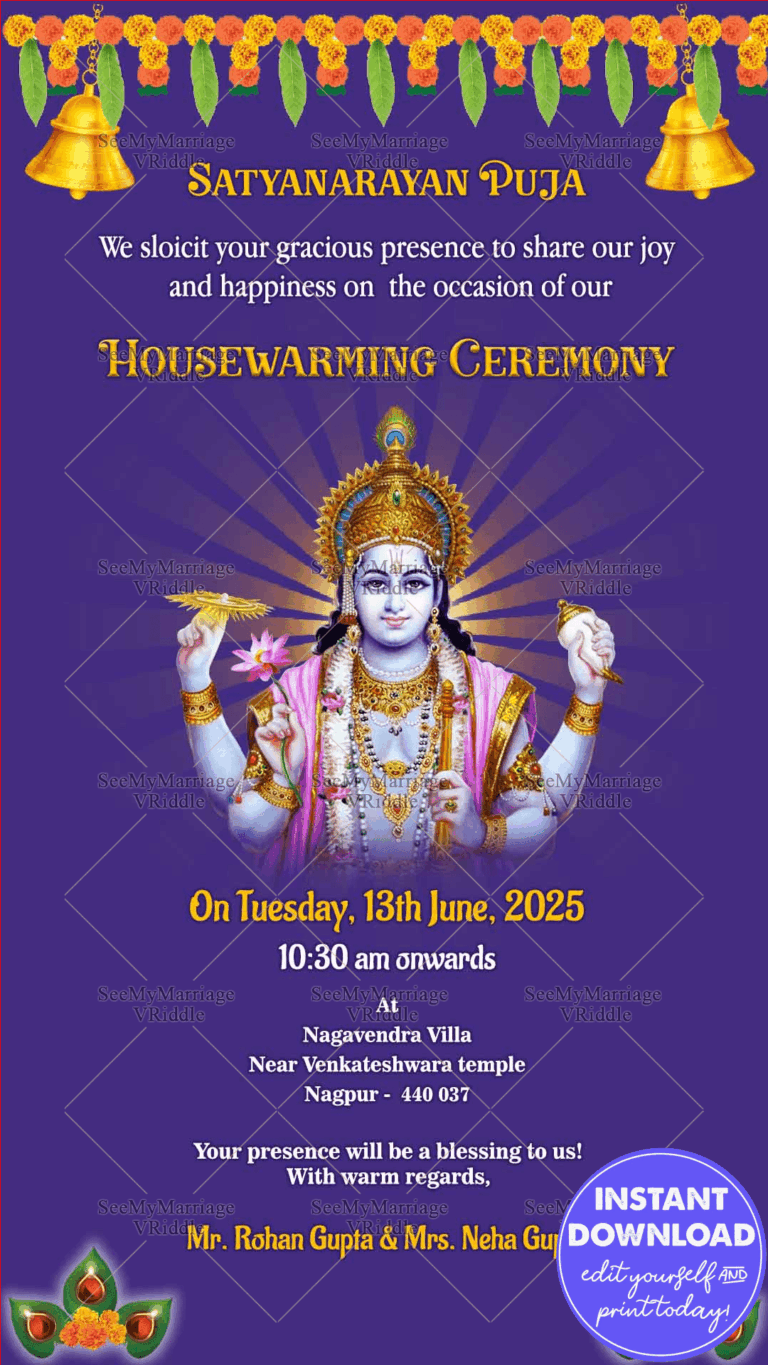 Griha Pravesh And Satyanarayan Maha Puja Blue Theme With Hanging Bells And Dia Whatsapp Invitation Card