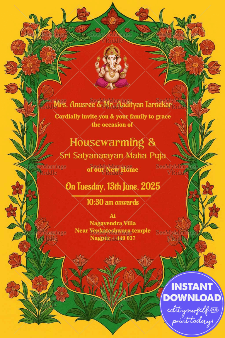 Griha Pravesh And Satyanarayan Puja Floral Boarder Theme Traditional Golden Text Whatsapp Invitation Card