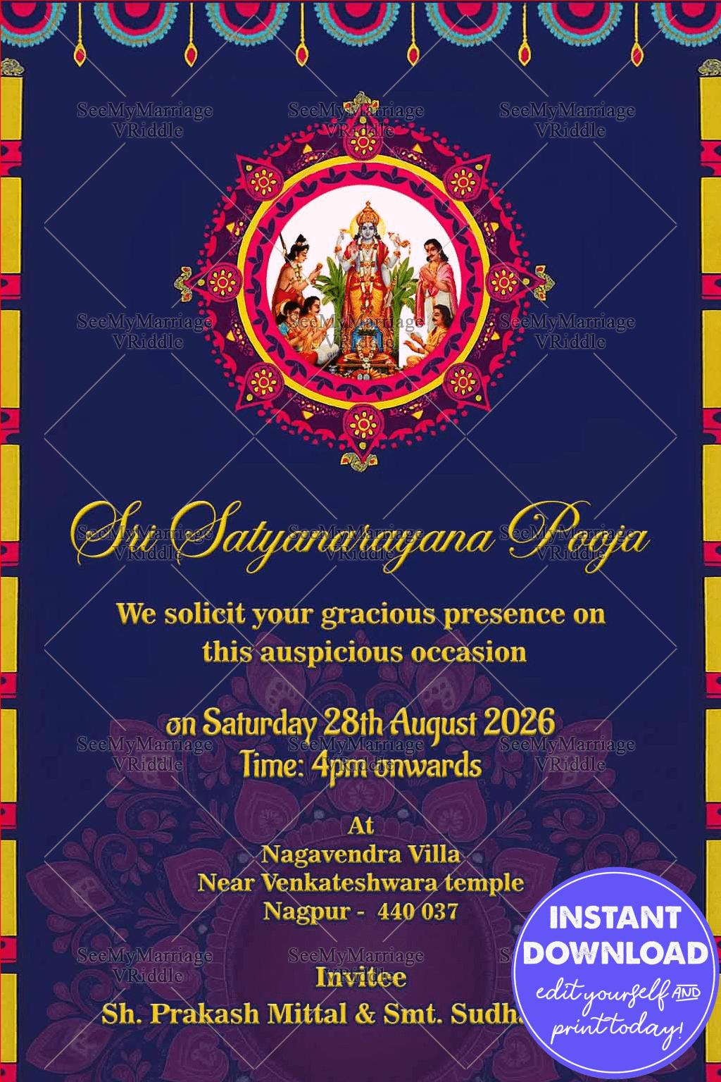 Griha Pravesh And Satyanarayan Puja Golden Boarder Theme Traditional Glossy Look Floral Whatsapp Invitation Card
