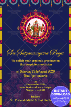 Griha Pravesh And Satyanarayan Puja Golden Boarder Theme Traditional Glossy Look Floral Whatsapp Invitation Card