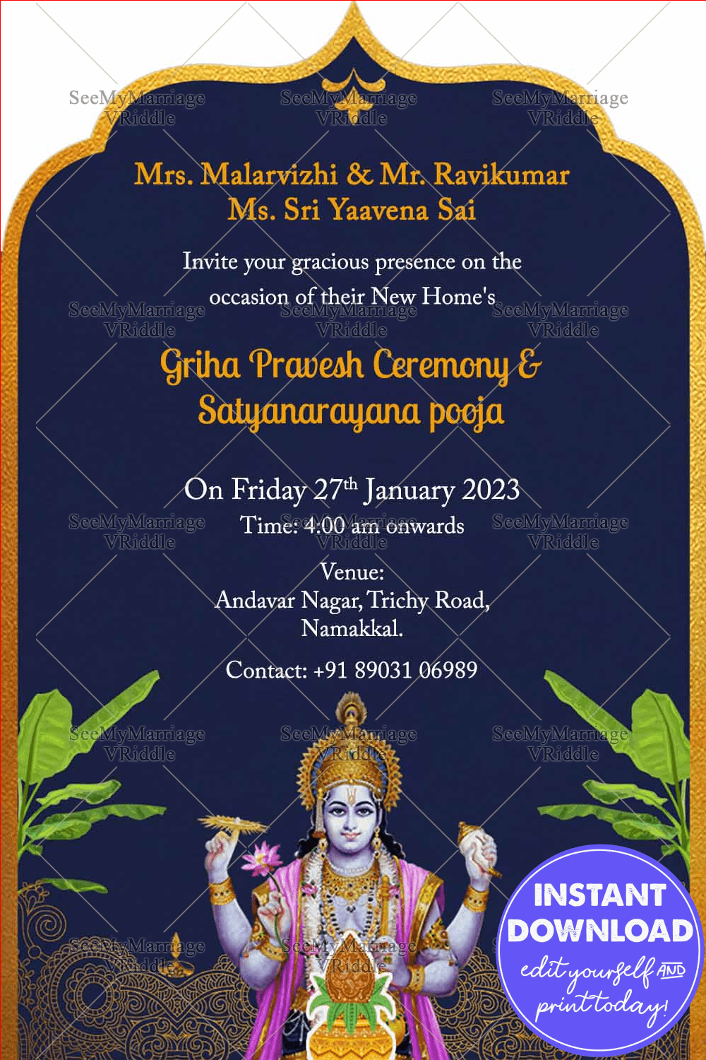 Griha Pravesh And Satyanarayan Puja Royal Blue Theme Traditional Whatsapp Invitation Card