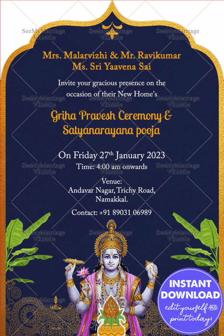 Griha Pravesh And Satyanarayan Puja Royal Blue Theme Traditional Whatsapp Invitation Card