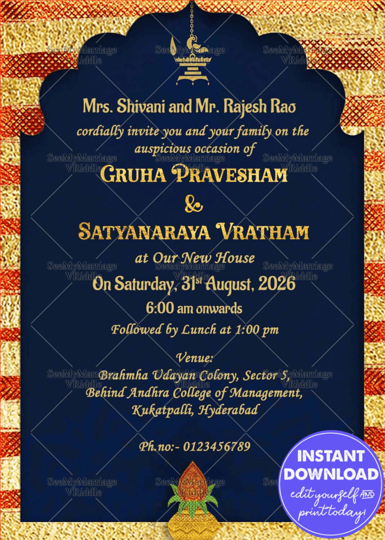 Griha Pravesh &amp; Satyanarayan Puja Royal Blue Theme Golden Frame Kalash Traditional Whatsapp Invitation Card