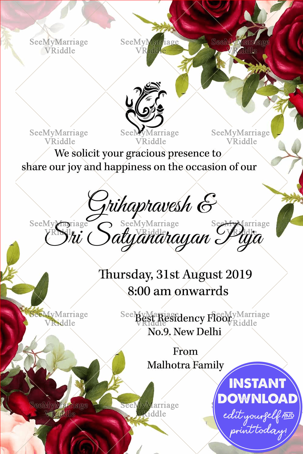 Griha Pravesh & Sri Satyanarayan Puja White Theme Floral Background Elegant Whatsapp Invitation Card