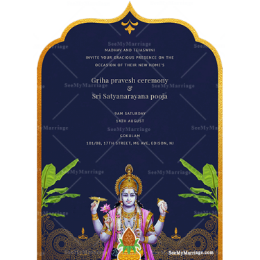 Griha Pravesh And Satyanarayan Puja Royal Blue Theme Traditional Whatsapp Invitation Card