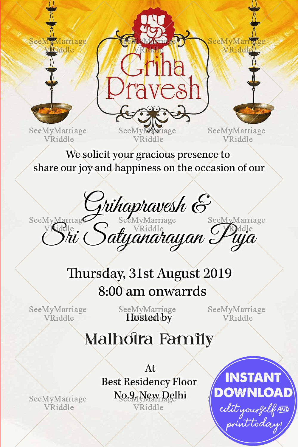 House Warming And Satyanarayan Puja White Bg Handing Deepam Colorful Ganesh Logo Wahtsapp Invitation Card