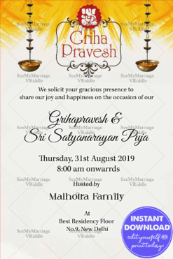 House Warming And Satyanarayan Puja White Bg Handing Deepam Colorful Ganesh Logo Wahtsapp Invitation Card