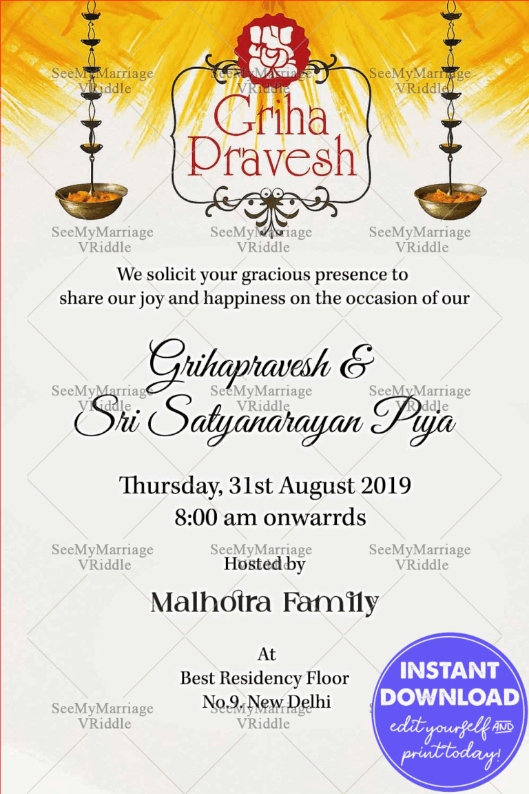House Warming And Satyanarayan Puja White Bg Handing Deepam Colorful Ganesh Logo Wahtsapp Invitation Card