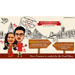 Mishti Doi Cartoon Caricature Theme Traditional Bengali Unique Wedding E-card Invitation With Kolkata City Background
