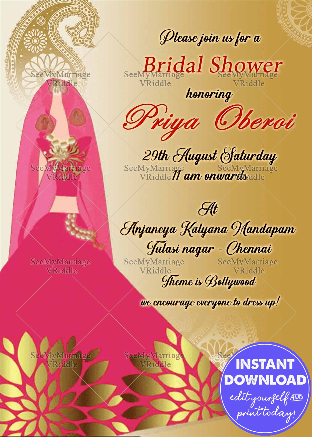 Pink And Gold Girl Themed Mehendi Bridal Shower Sangeet Invitation