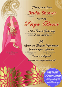 Pink And Gold Girl Themed Mehendi Bridal Shower Sangeet Invitation