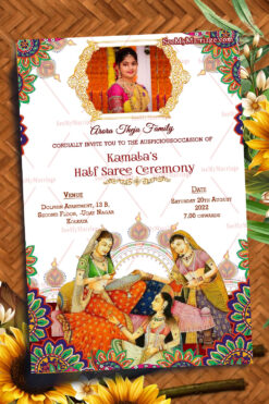 Quirky Theme Traditional Voni Function Invitation E-card With Pale White Background Decorated With Flowers