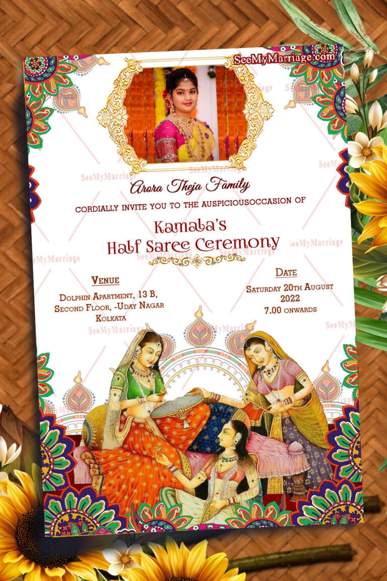 Quirky Theme Traditional Voni Function Invitation E-card With Pale White Background Decorated With Flowers