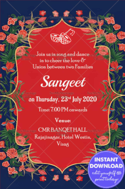 Simple Floral Sangeet Red Theme Royal Blue Background Unique Whatsapp Card