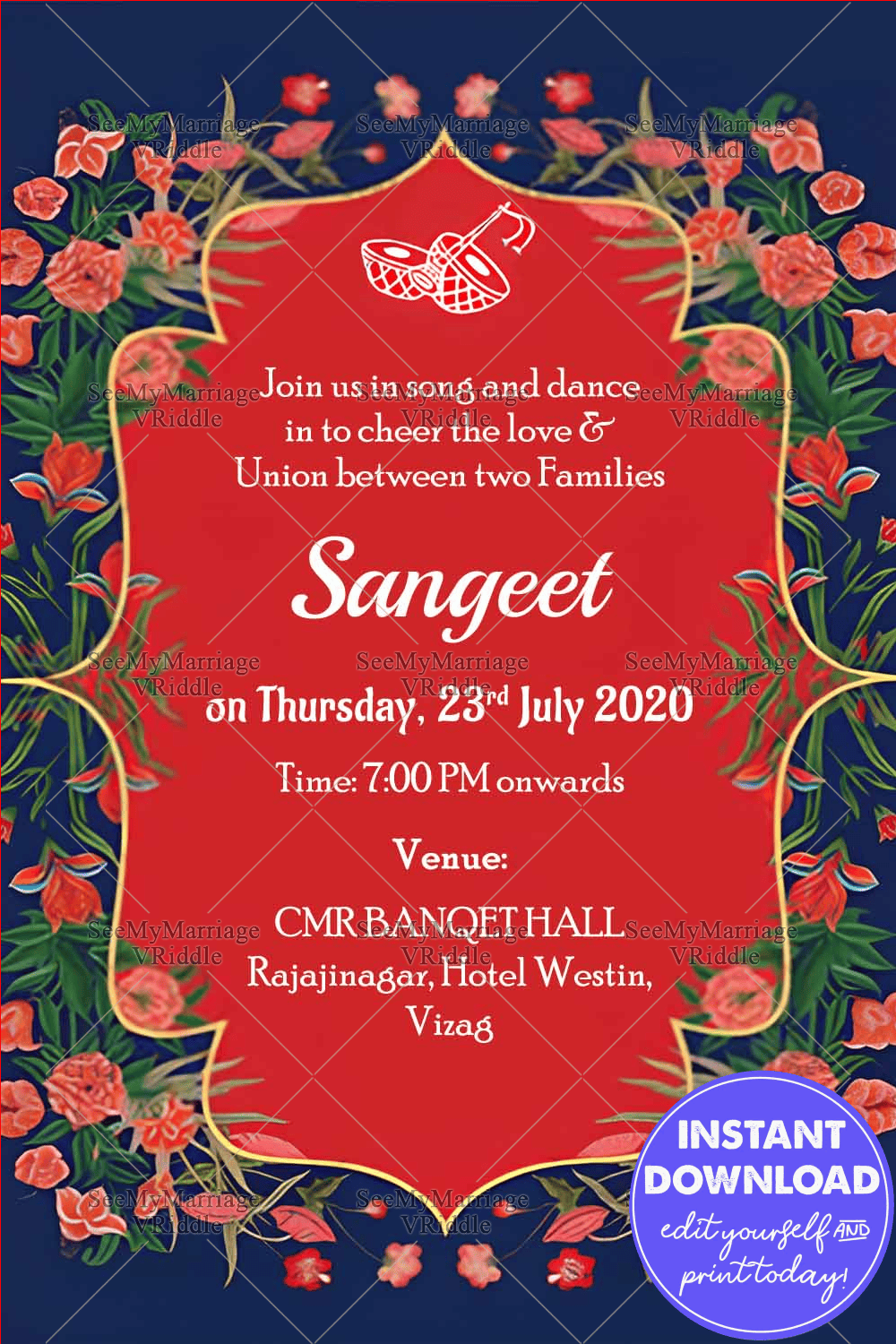 Simple Floral Sangeet Red Theme Royal Blue Background Unique Whatsapp Card