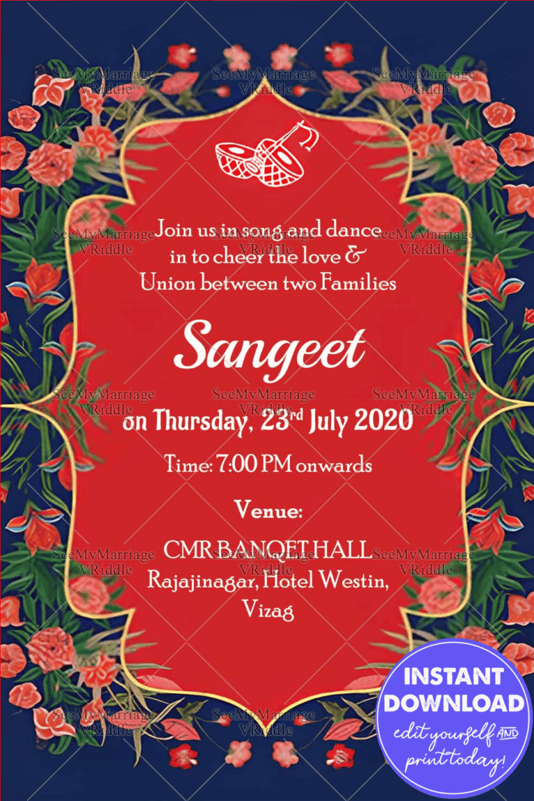 Simple Floral Sangeet Red Theme Royal Blue Background Unique Whatsapp Card