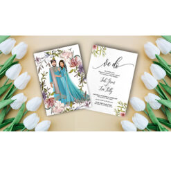 Tere Ore Singh Theme Punjabi Caricature Wedding Invitation Card Decorated With Roses And Tulips