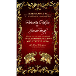 Traditional Hindu wedding invite, elephant theme red colour wedding save the date cards, golden design decorated wedding cards