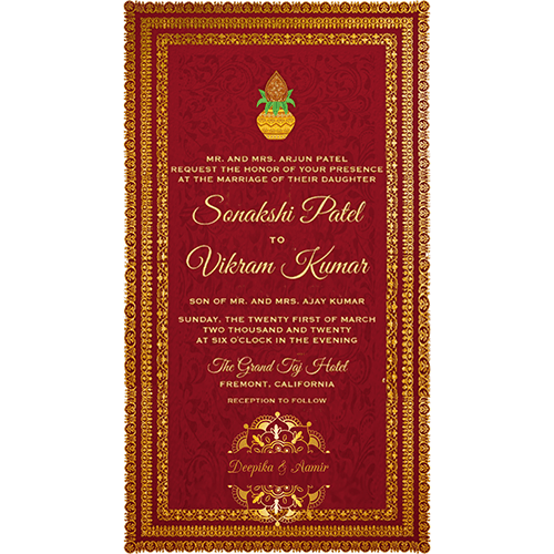 Red theme traditional wedding cards, golden frame traditional hindu wedding cards