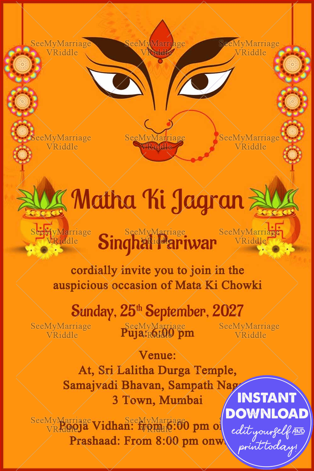 Mata Ki Jagran Yellow Theme Background Invitation Ecard With Durga Matha Sketch, Kalash And Hanging Flowers