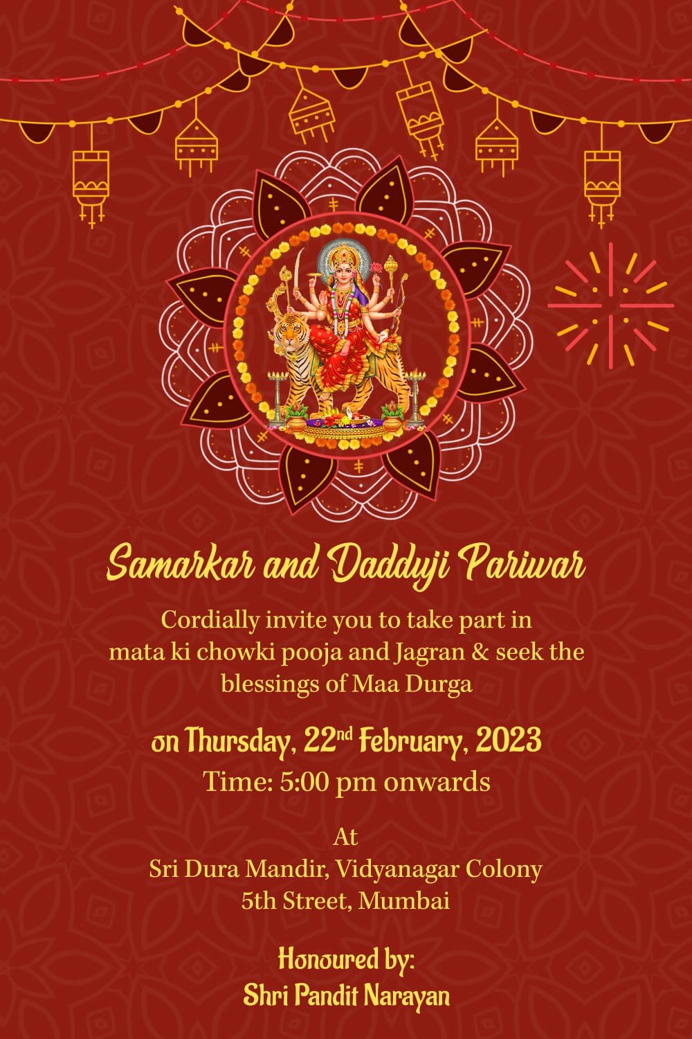 Red Theme Traditional Mata Ki Chowki Invitation With Colorful Traditional Blinking Lights, Sparkles In Background