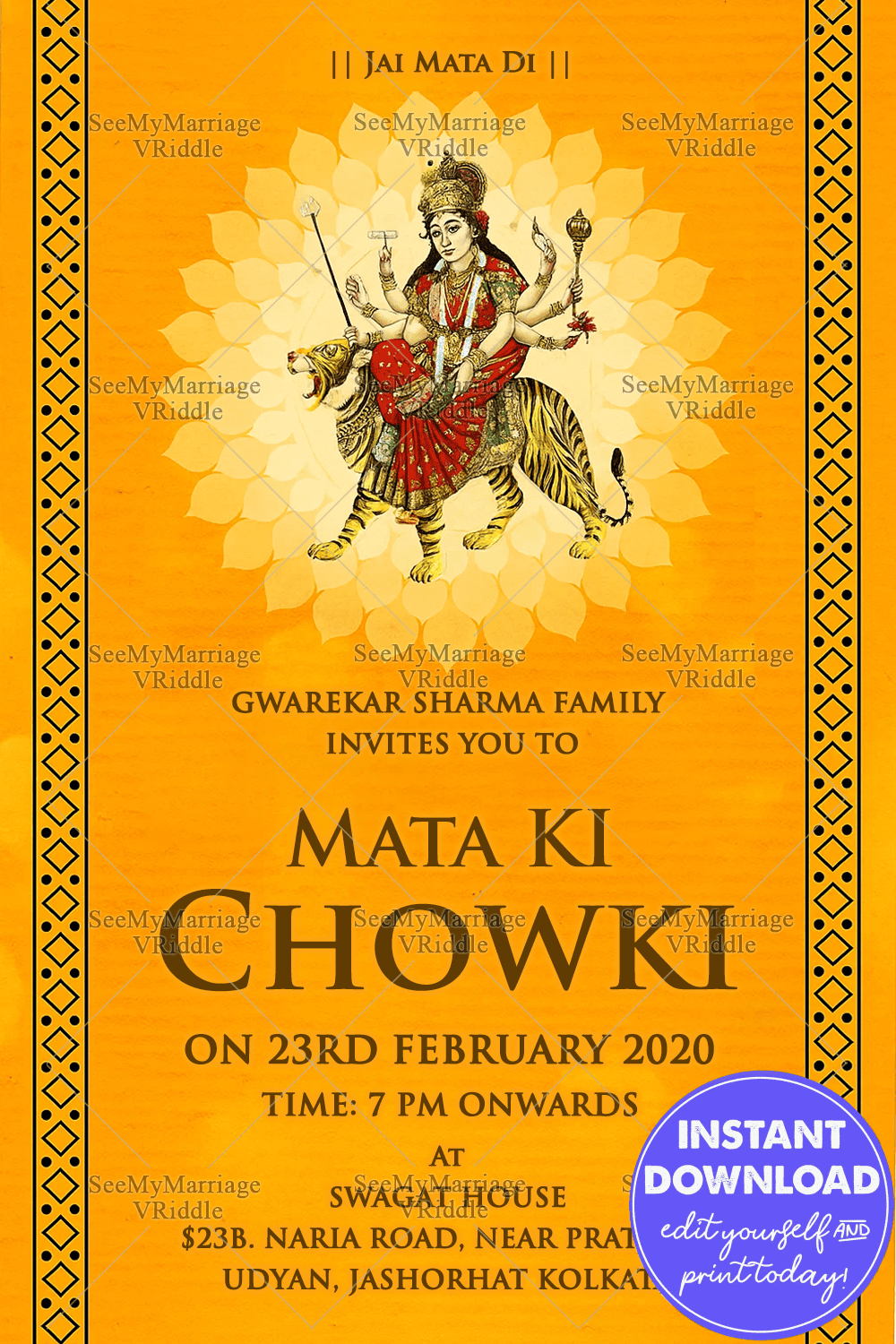 Traditional Yellow Theme Mata Ki Chowki Pooja Invitation E-card