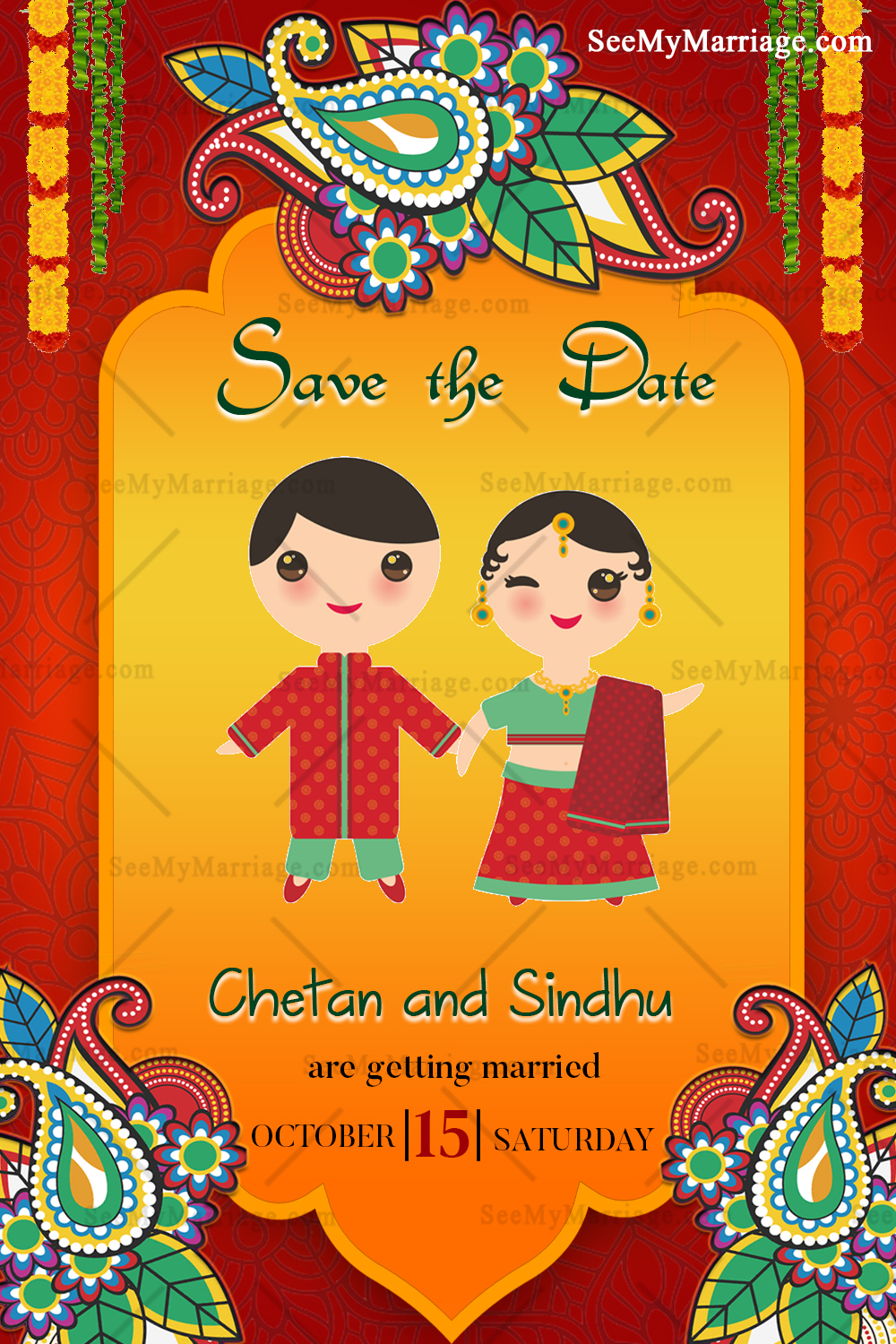 North Indian Save The Date Invitation, Traditional, Red, Funky, Bride And Groom Characters