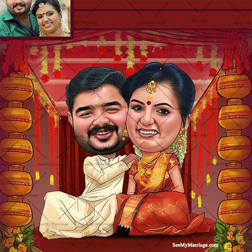 Hindu caricature theme wedding ecards, Indian couple caricature cards