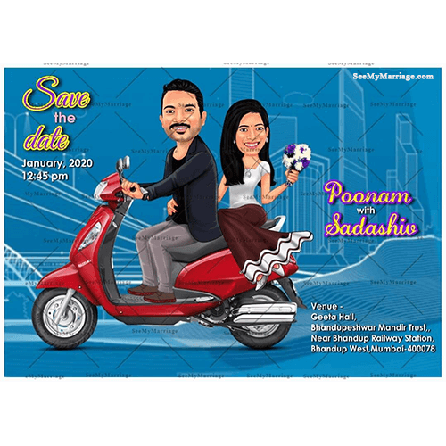 Scooty theme caricature wedding save the date cards, modern wedding invite cards for whatsapp