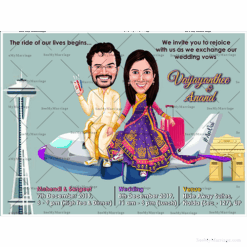 The Wedding Flight Bride And Groom Boarded On Flight To Start New Journey Couple Caricature Card