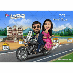 Humpty Sharma Ki Dhulhaniya Couple Caricature Theme Bride And Groom Riding Motorcycle With Love Story On Milestone