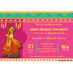 New Baby Arriving Soon Pink Theme Traditionally Decorated Godh Bharai, Baby Shower Invitation Card With Pregnant Women Cartoon