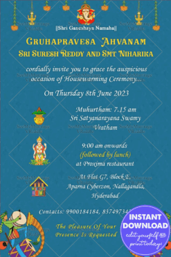 Blue Gruhapravesh Ahwanam Satynarayana Pooja Invitation Card