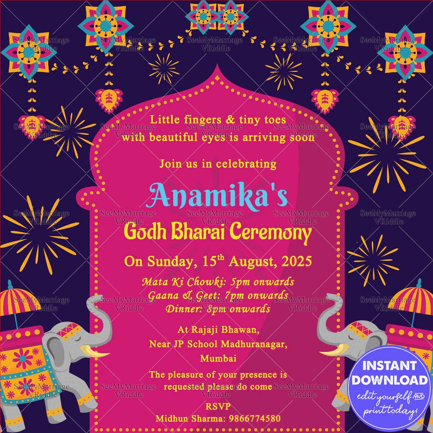 Godh Bharai Ceremony_royal Elephant Blue Background_e Card