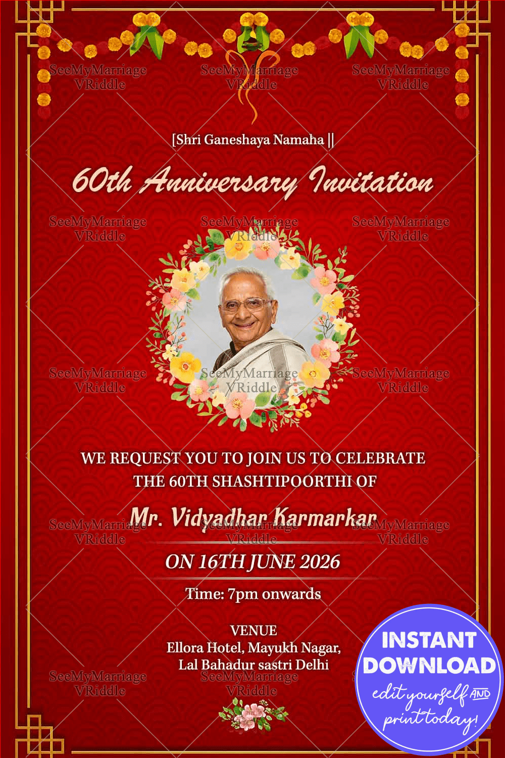 Indian Traditional Toran Decoration_sasthipoorthi E Card_hindi Traditional 60th Anniversary