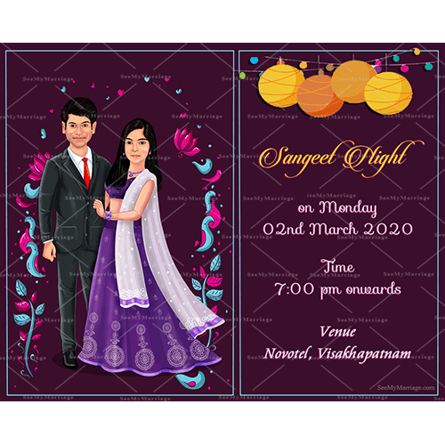 Naache Aur Gaaye Elegant Theme Sangeet Party Invitation Ecard With Violet Night Color Background, Lanterns