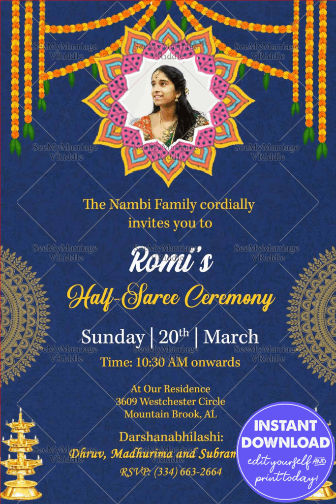 Pavadai Dhavani South Indian Traditional Blue Theme Telugu Style Half Saree Ceremony Invitation Card