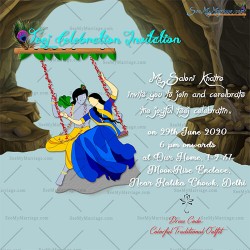 Sky blue theme texture background, Cave, Spring, Swinging, Radha, Krishna, Cartoon, Lord Krishna, Flute, Peacock Invite, Traditional, Hindu, Blue Sky, Radha-Krishna Invitation Card